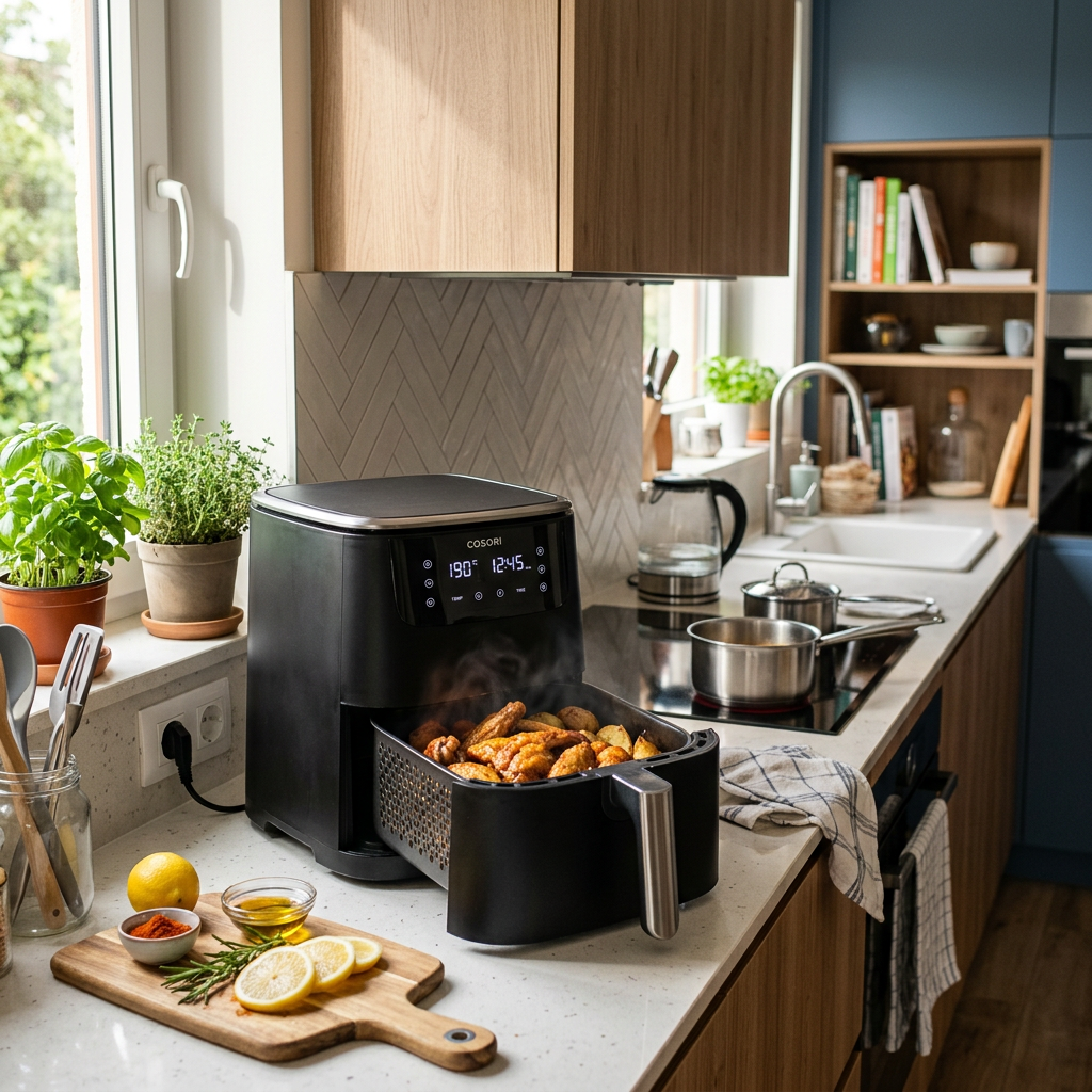 Black Cosori air fryer cooking snacks on kitchen countertop with herbs and utensils nearby