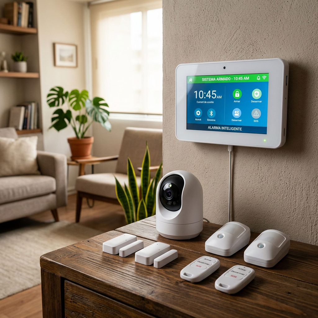 Home security camera, sensors, remotes, and control panel on table