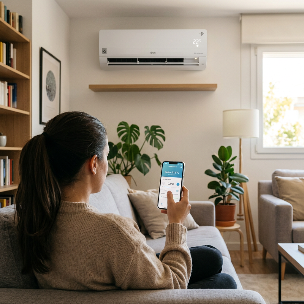 Person using smartphone to control wall-mounted air conditioner showing 22 degrees Celsius