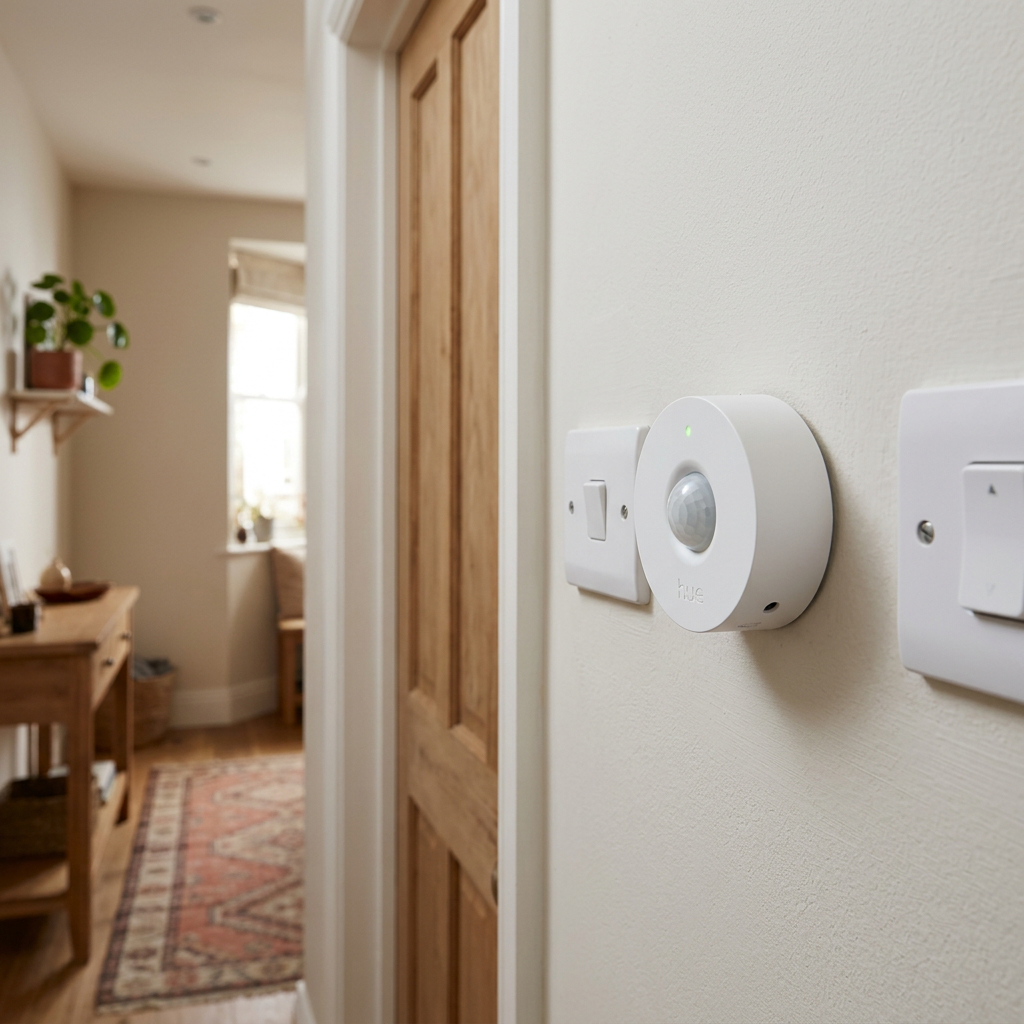 Smart motion sensor mounted on wall between light switches in hallway