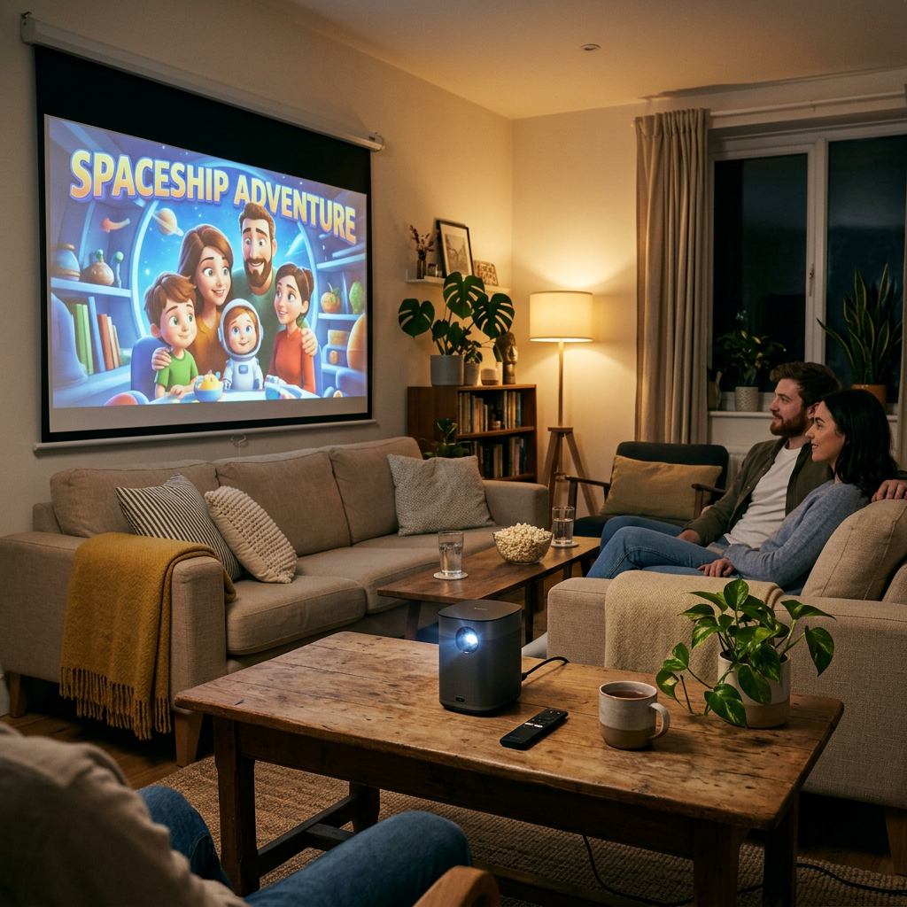 Couple sitting on a sofa watching an animated movie titled Spaceship Adventure projected on a screen
