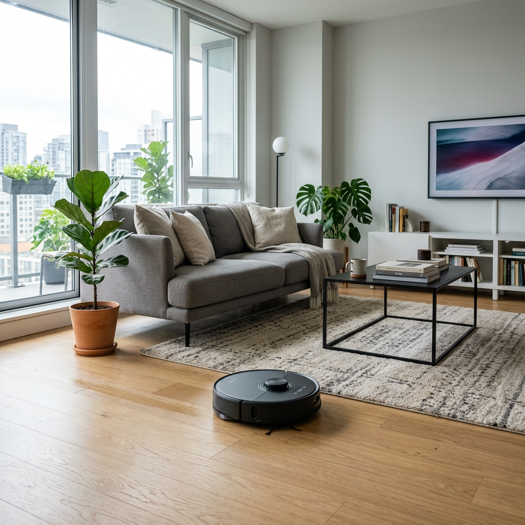 Robot vacuum cleaner operating on hardwood floor in bright living room