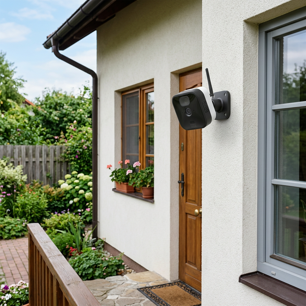 Security camera mounted on exterior wall beside front door of house